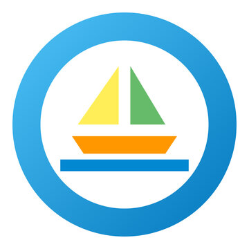 round blue gradient badge with white circle and sailboat icon
