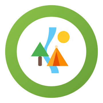 circular badge with green gradient border white center and tent tree river sun camping scene icon