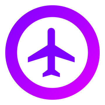 circular badge with purple gradient border white center and purple airplane silhouette icon