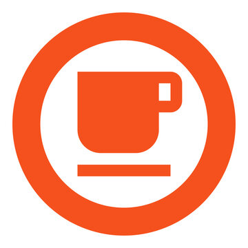 round orange badge with white circle and coffee cup icon
