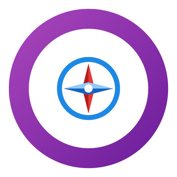 circular badge with purple gradient border white center and red blue compass needle icon