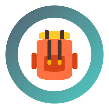 circular badge with teal gray gradient border white center and orange outdoor backpack with yellow roll