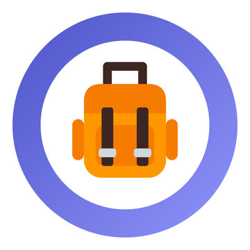 circular badge with blue purple gradient border white center and orange hiking backpack icon