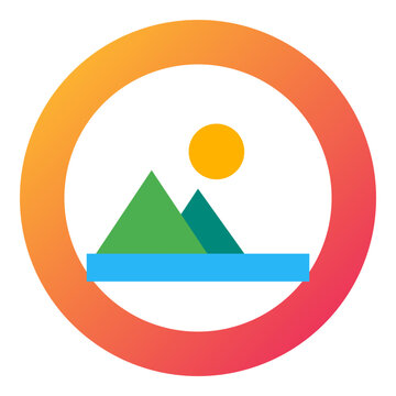 circular badge with yellow pink gradient border white center and sun mountains water tropical island