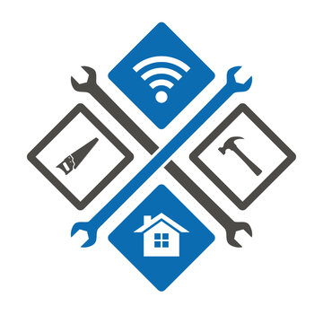 Tools for home repair with stylized logo house with tools, also with wifi signal bar for modern technology construction maintenance and renovation handyman with hardware.