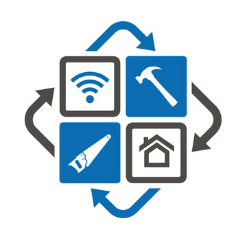 Tools for home repair with stylized logo house with tools, also with wifi signal bar for modern technology construction maintenance and renovation handyman with hardware.