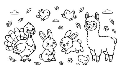 Fototapeta premium Cute Farm Animals Coloring Page With Turkey Bunny Llama and Birds