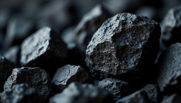 Close-up shot of black coal chunks in a pile, showcasing textures and angles. Black coal pieces highlight rough surfaces and natural shapes,