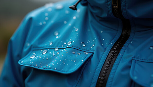 Close-up of waterproof jacket with water droplets. Waterproof jacket features vibrant blue color with unique design and pockets showcasing water resistance.