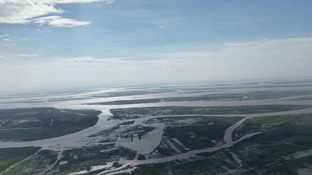Aerial view of tropical river delta and estuary landscape with winding waterways and lush green wetlands