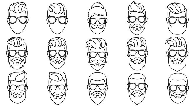 Collection of linear male faces with varied hairstyles and facial hair