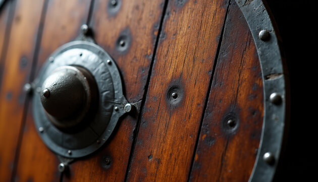 Wooden medieval shield with metal boss and rivets showcasing intricate craftsmanship in leather and wood detailing.