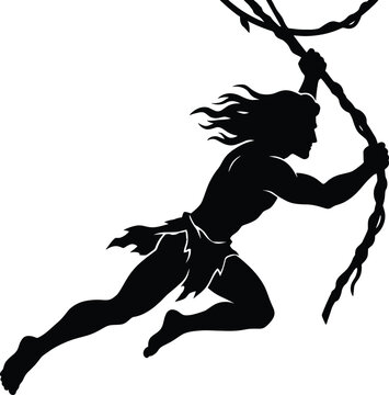 Jungle man swinging on vine, wild tribal male character silhouette, primitive loincloth warrior jumping in rainforest, adventure illustration
