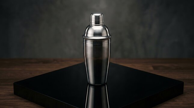 Shiny stainless steel cocktail shaker on a black reflective surface with a dark moody background. cocktail shaker mockup