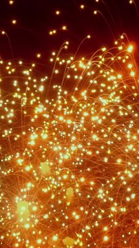 Vertical video shows fireworks display in black night sky during expanding. The view also shows bright red gold green or white sparks forming circular and branching light patterns.