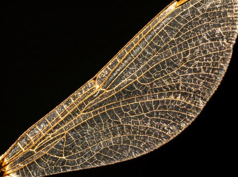 Macro golden dragonfly wing pattern texture detail on black background