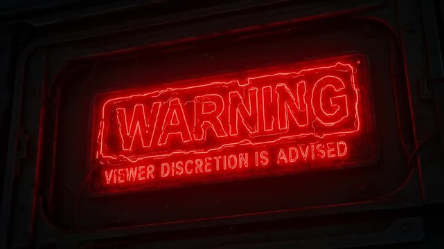 Warning Neon Sign Glowing Red in Dark Scene