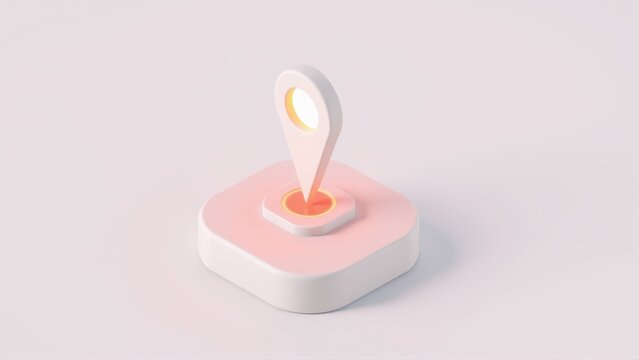 Minimalist location pin design. Soft pinks, whites create gentle aesthetic. Simple geometry, clean lines define object. Focus on spatial awareness.
