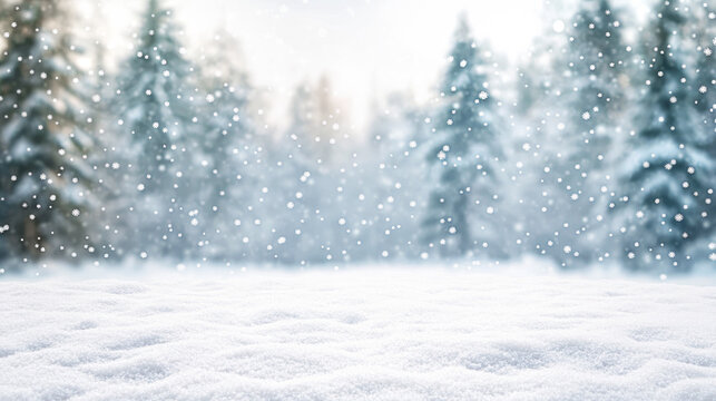 Peaceful snowy winter forest with pine trees covered in fresh snow and falling snowflakes, seasonal nature background with copy space