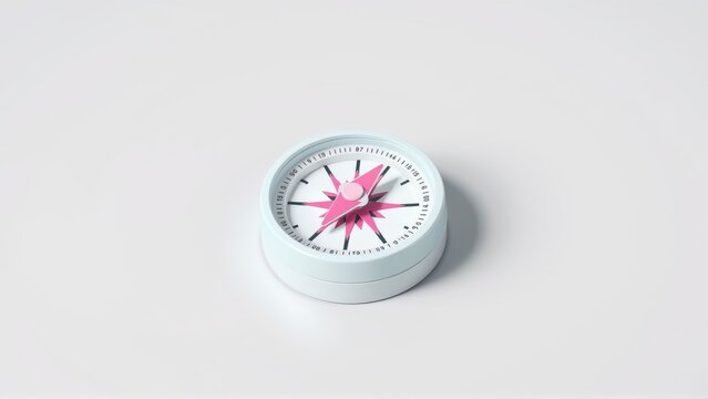 Pale blue compass rests upon white surface. Pink needle points toward north. Simple design, navigational tool, isolated object.