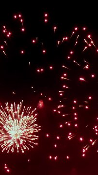 Vertical video shows fireworks display in night sky background during expanding. The view includes bright red gold green or white sparks forming circular and branching light patterns.