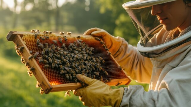 Beekeeper Inspecting a Hive Frame