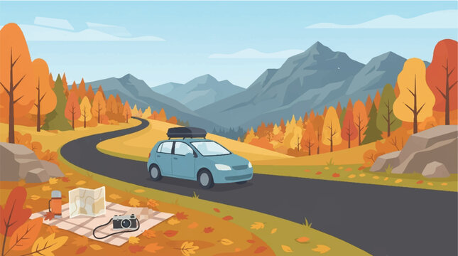 Light blue car driving on a scenic winding road through autumn mountains with colorful orange trees and picnic gear in the foreground