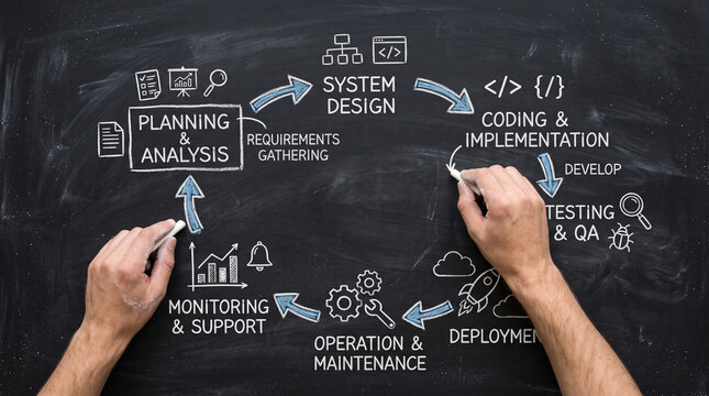 The software development lifecycle diagram is drawn on a blackboard, showing planning, system design, coding, testing, deployment, maintenance, and monitoring.