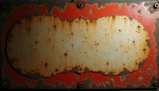 Rusty metal plate with chipped red paint and weathered texture showing detailed surface imperfections. Grungy metal plate displays patina and deterioration reflecting vintage appeal.