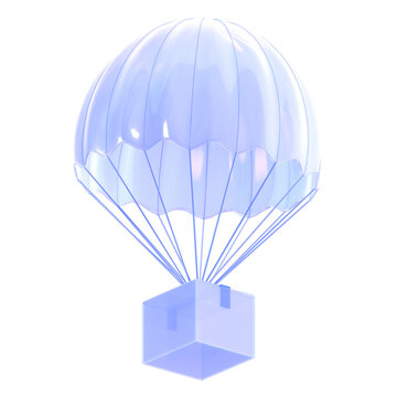 A sealed parcel suspended beneath a glossy translucent parachute, representing air delivery, cargo drops, and remote supply services.
