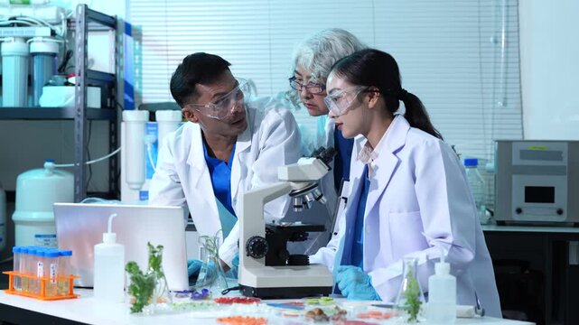 Microbiologists and nutrition experts analyze molecular samples in advanced food science labs.