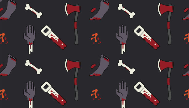 Seamless horror pattern featuring creepy halloween elements like severed zombie limbs, bloody axes, handsaws, and white bones.