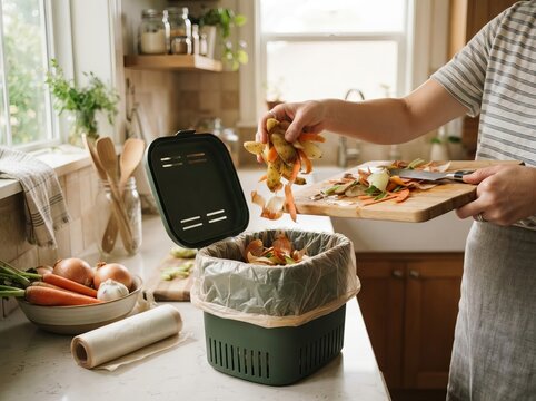 Home kitchen composting  disposing vegetable peels in a bio waste bin under soft daylight