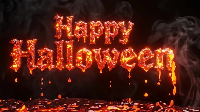 Happy Halloween text in molten glass style with melting liquid lava letters dripping fire