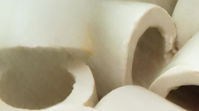 The scene shows industrial filter media in mechanical filtration unit. In the frame, close view shows many pale cylindrical and ring shaped packing elements across the visible setting.