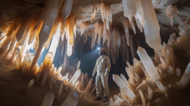 Cave Explorer in a Crystal Cavern