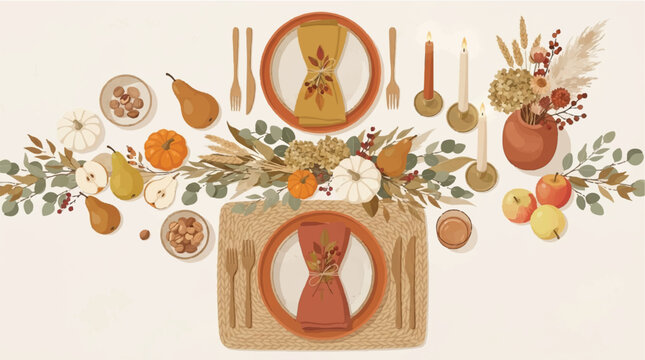 Autumn Thanksgiving table setting flat lay with festive plates pumpkins and floral centerpiece illustration