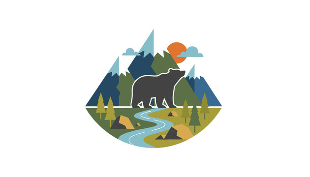 Grizzly bear silhouette walking in beautiful mountain landscape with winding river, pine forest, and sunset emblem.
