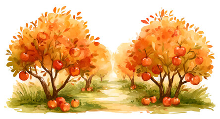 Fototapeta premium Apple orchard illustrating the autumn season, showing a pathway winding between abundant fruit trees adorned with red apples and golden foliage, symbolizing harvest and natural beauty