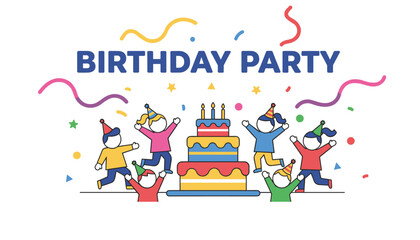 Fototapeta premium Joyful kids celebrating birthday party dancing and laughing around giant colorful birthday cake with lit candles.