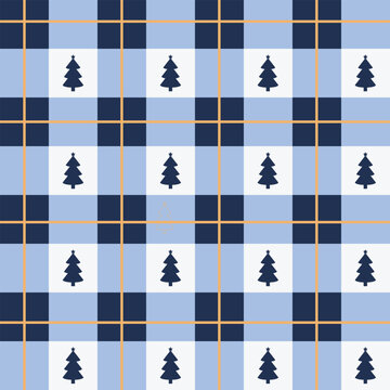 Seamless Christmas tartan plaid pattern in blue and white with dark pine silhouettes and subtle thin gold grid lines