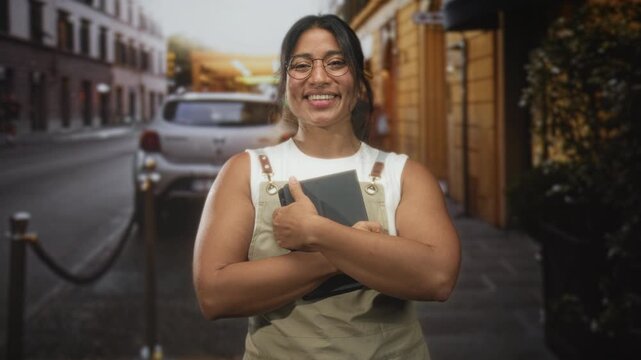 Woman in beige apron wearing round glasses holding tablet to chest with arms crossed on a street, smiling broadly; confidence.