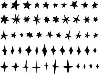 Fototapeta premium Hand Drawn Star Silhouettes Collection, Black Doodle Sparkles and Starburst Vector Set, Celestial Sparkle Icons for Graphic Design Decorative Accents