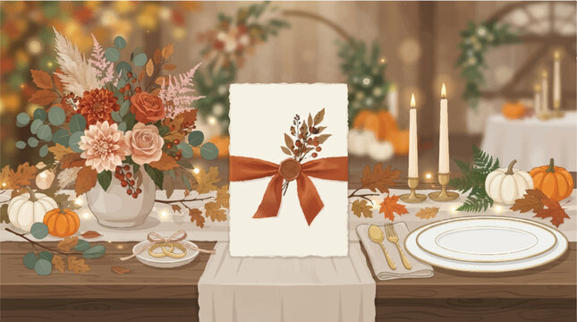 Autumn Wedding Invitation Mockup with Blank Card on Dinner Table decorated with Fall Flowers, Pumpkins, and Candles