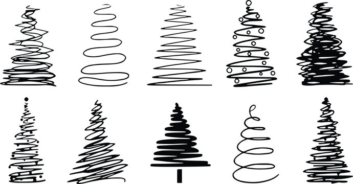 Hand drawn Christmas tree sketches, set of 10 minimalist holiday pine icons, black ink scribble fir tree illustrations for winter greeting cards