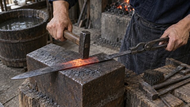 Japanese swordsmith shaping a blade with hammer and tongs
