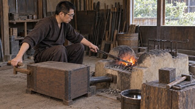 Japanese swordsmith working beside a charcoal forge and bellows