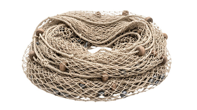 Coiled fishing net isolated on a transparent background