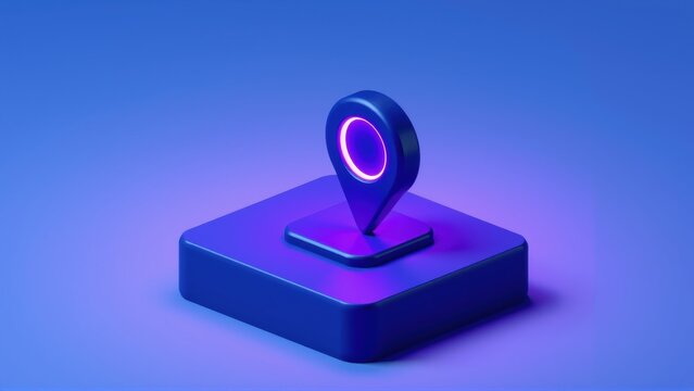 Blue pin icon rests upon square pedestal. Neon glow emanates from center, creating vibrant visual. Minimalist design, digital rendering.