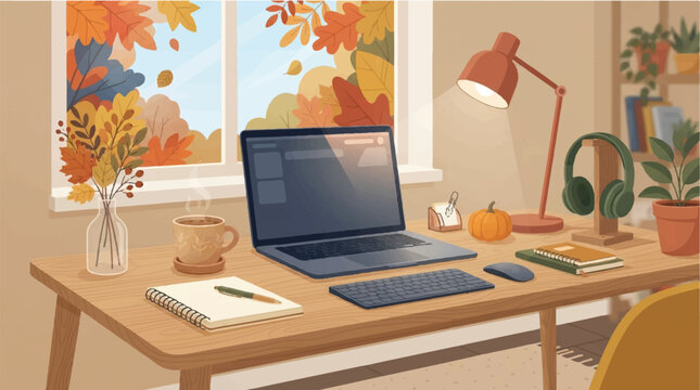 Cozy Home Office Workspace Illustration with Autumn Foliage and Warm Lighting for Remote Work and Productivity